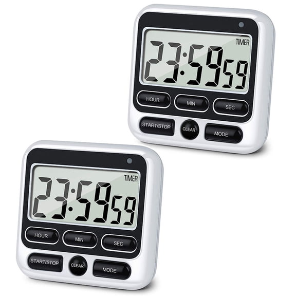 2pcs Kitchen Timer Digital, Large LCD Display with Loud Alarm, 12 Hour Clock Count Up/Down Timer for Cooking Baking