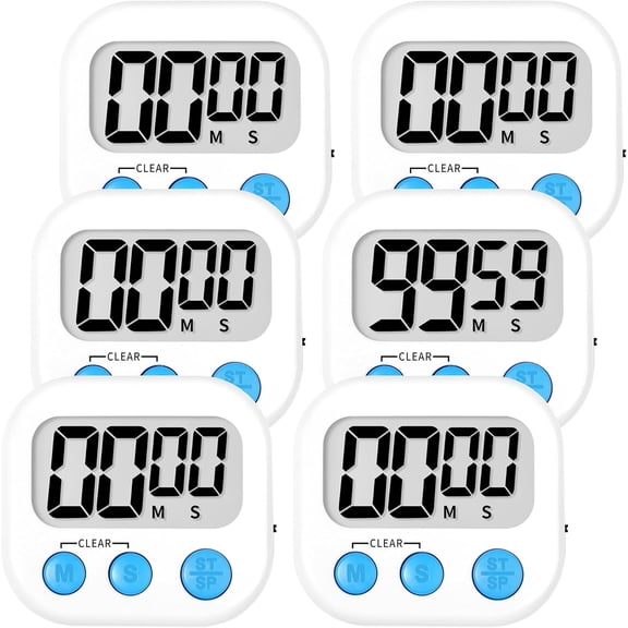 Kitchen Timer Digital with Magnetic Back for Kids Classroom, White 6 Pack