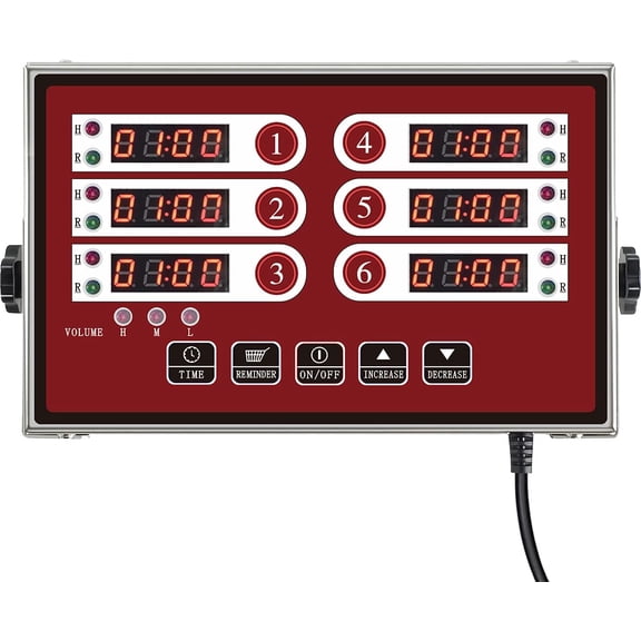 Kitchen Timers for Cooking 6 Channel Commercial Kitchen Timer Restaurant Kitchen Supplies Stainless Steel LED Technology Kitchen Timer Digital Reminder Function, Loud Alarm, Red