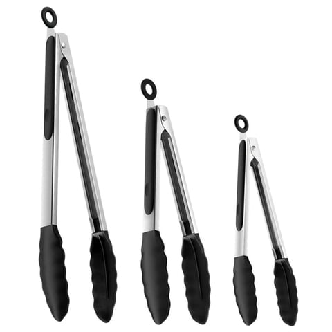 Kitchen Tongs Stainless Steel Cooking Tongs with Silicone Tips Heat Resistant Food Tongs for Cooking Grilling Turning set of 7" 9" and 12" Black
