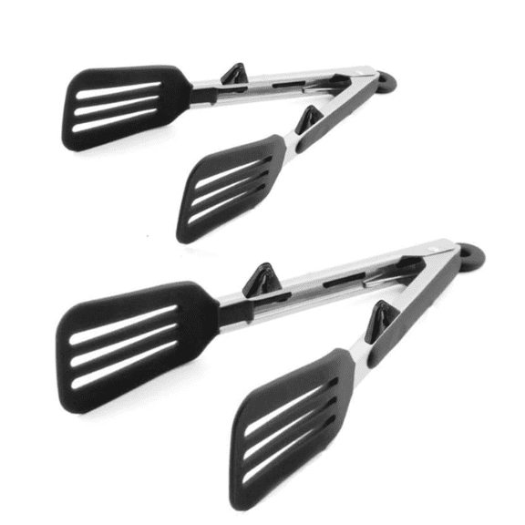 Kitchen Tongs 9 inches and 12 inches Fish Spatula Stainless Steel Locking with Silicone Tips Cooking Salad Buffet BBQ Serving Tongs Heat Resistant Meat Turner Spatula Tongs, Black
