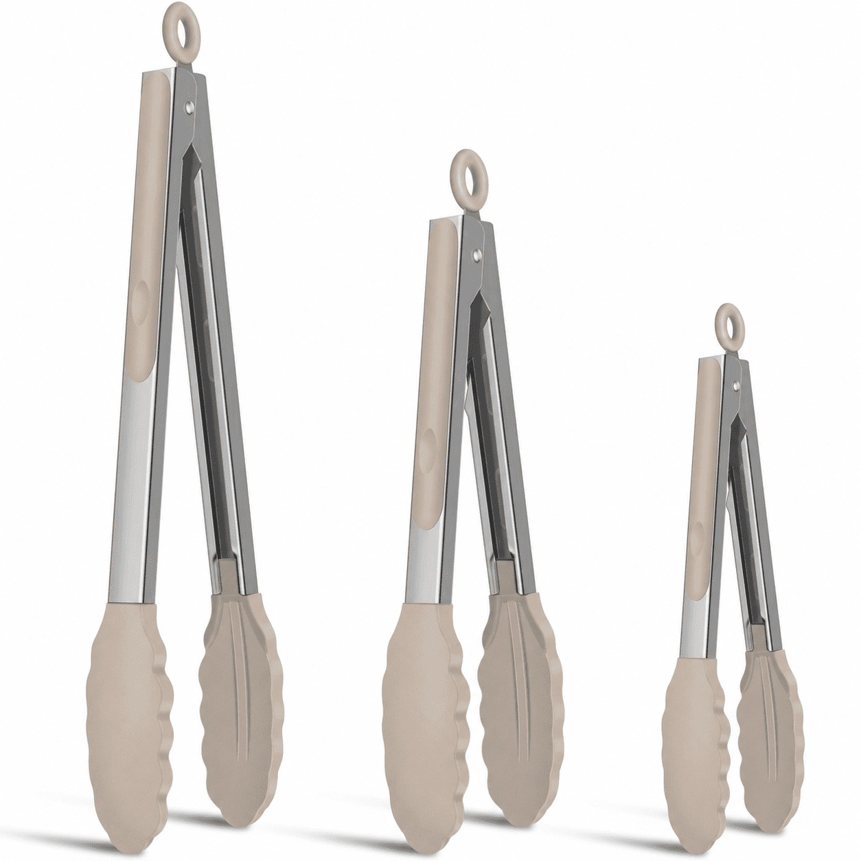 Kitchen Tongs Set of 3, Stainless Steel Cooking Tongs with Beige Silicone Tips, 7, 9 and 12 Inch