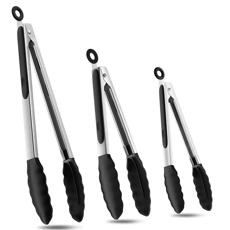 Swtroom Kitchen Tongs, Premium Stainless Steel Metal Food Tongs with Non-Stick Silicone Tips, for Food Grill, Salad, BBQ, Frying and Serving, Set of 3