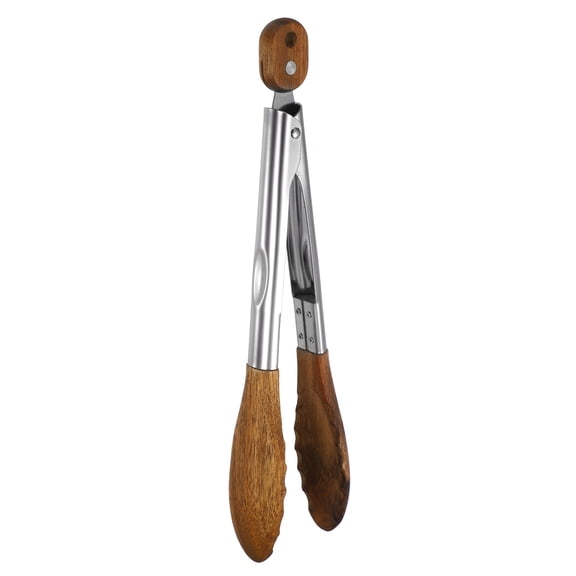 Kitchen Tongs with Wooden Tips, 12 Inch Stainless Steel Cooking Tongs Heat Resistant Non-Stick Kitchen Locking Clamp for Grab Food Grilling Steak, Dark Brown