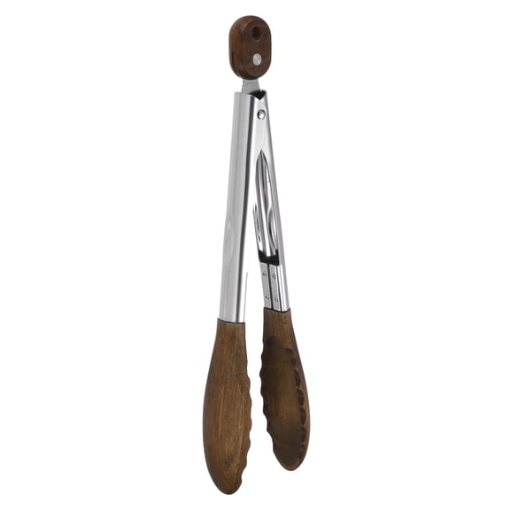 Kitchen Tongs with Wooden Tips, 12 Inch Stainless Steel Cooking Tongs Heat Resistant Non-Stick Kitchen Locking Clamp for Grab Food Grilling Steak, Walnut Color