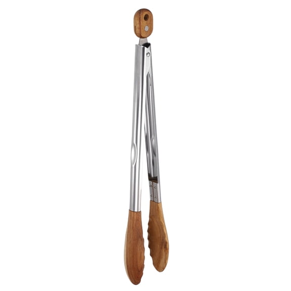 Kitchen Tongs with Wooden Tips, 15 Inch Stainless Steel Cooking Tongs Heat Resistant Non-Stick Kitchen Locking Clamp for Grab Food Grilling Steak, Dark Brown