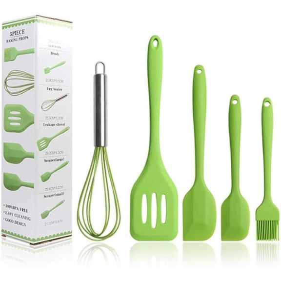 Kitchen Tool Set,Silicone kitchenware 5-Piece Set Cooking Spoon Spatula Whisk Brush Kitchen Tool Color Box Packaging Cooking Tool Sets Wholesale-Green