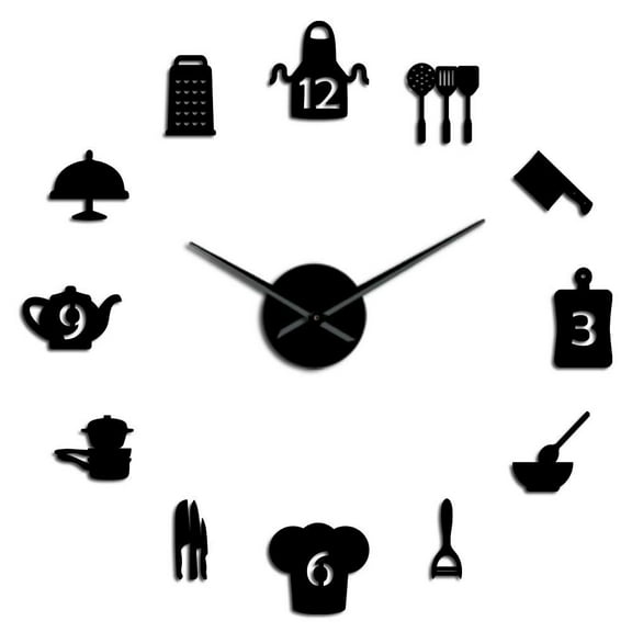 Kitchen Tools Frameless Wall Clock Stickers, DIY Modern Decorative Clocks for Living Room, Bedroom, Office - Easy to Install, Large 3D Clock Design (Black,37in)