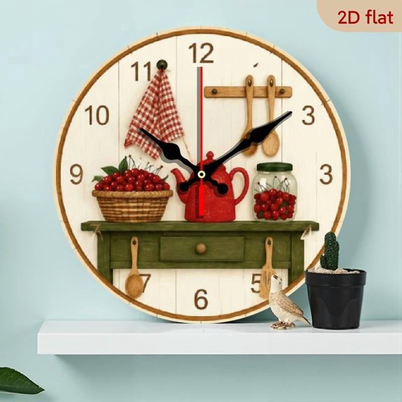 Kitchen Tools, Fruit Water Kettle Print Round Wooden Wall Clock Modern Clocks 10 Inch Silent Non Ticking Battery Operated (AA Not Included) Retro Rustic Style Wall Hanging Decor Clock for Linv