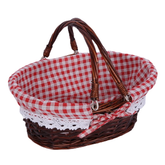 Kitchen Tools Wickerwork Picnic Basket, Gingham Pattern Liner, Sewing Bathroom Easter Christmas Gift Basket with Double Folding Handles for Romantic Outing at Beach or Backyard