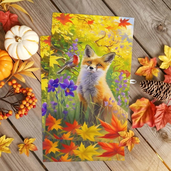 Kitchen Towel Autumn Fox Bird Flower Dish Cloths 2 Pack 18x28in,Super Absorbent Tea Hand Towels Bathroom Cleaning Cloth Rustic Pastoral Natural Theme Soft Dishcloth for Drying Dishes