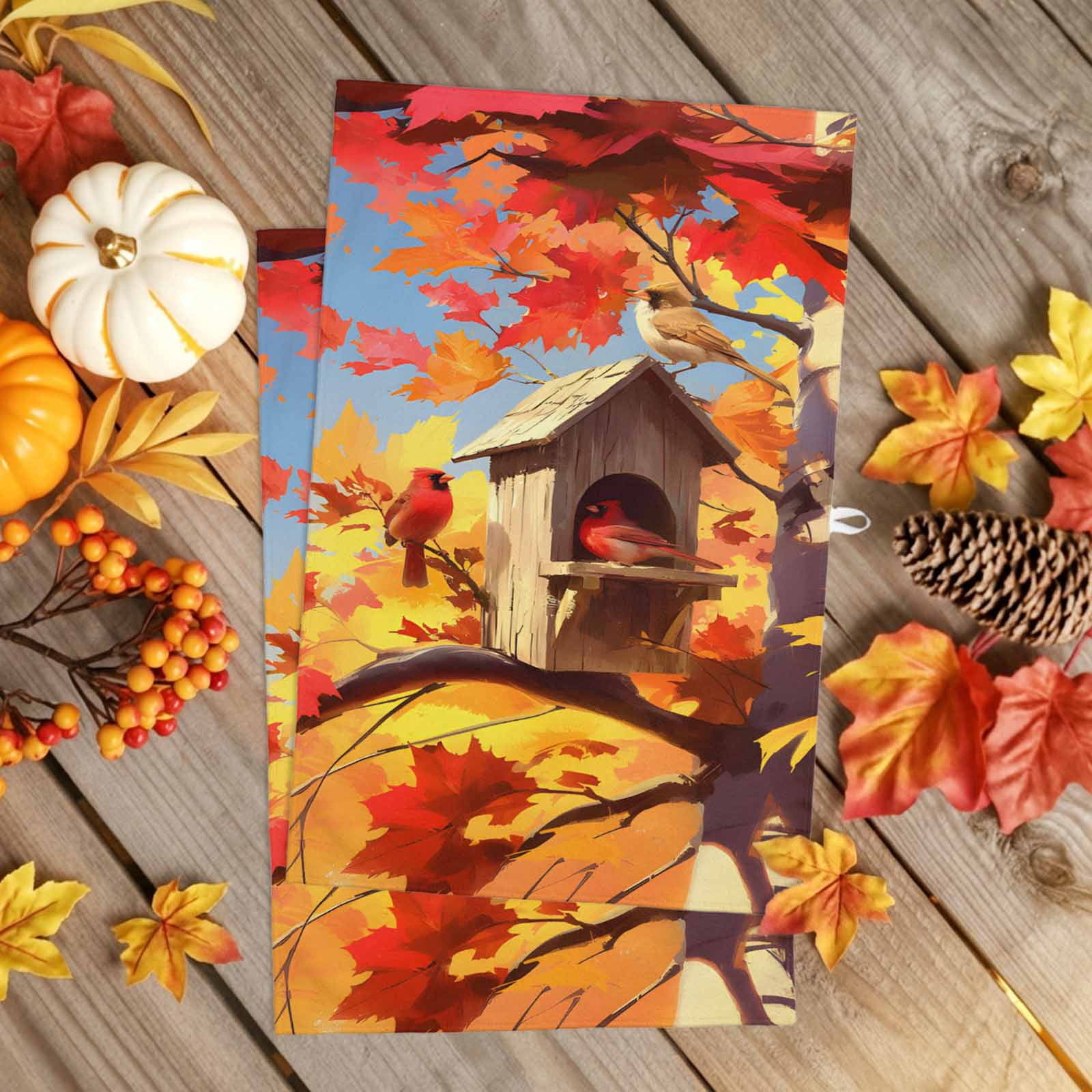Kitchen Towel Bird Autumn Farm Maple Leaves Red Yellow Dish Cloths 2 ...