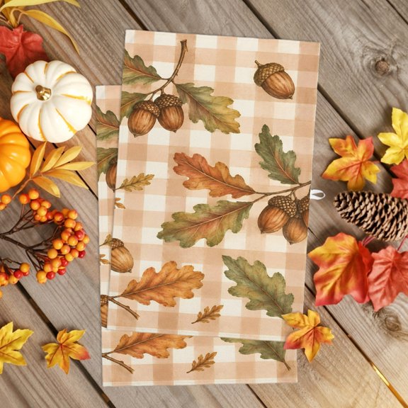 Kitchen Towel Fall Oak Leaves Acorns Dish Cloths 2 Pack 18x28in,Super Absorbent Tea Hand Towels Bathroom Cleaning Cloth Beige Gingham Check Soft Dishcloth for Drying Dishes