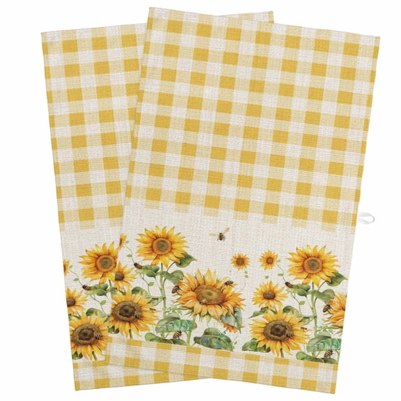 Kitchen Towel Farm Sunflower Plant Yellow Plaid Dish Cloths 2 Pack 18x28in,Super Absorbent Tea Hand Towels Bathroom Cleaning Cloth Retro Linen Soft Dishcloth for Drying Dishes