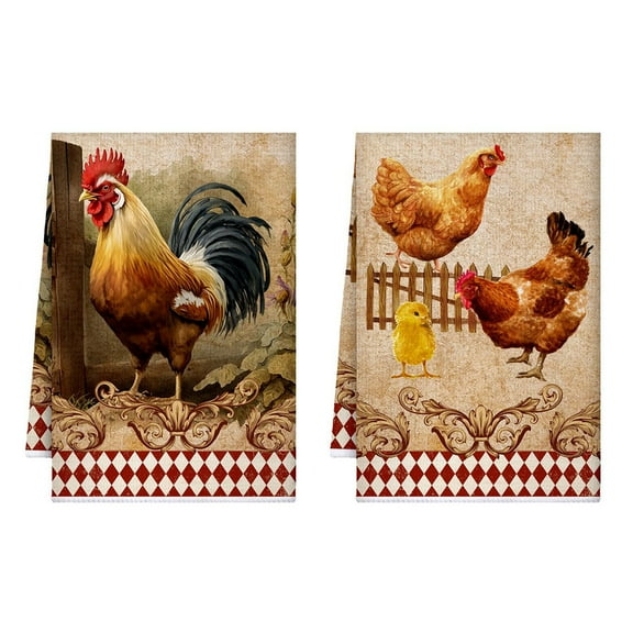2PC Kitchen Towel Farmhouse Vintage Dish Towel Country Cloth Hand Towel 16 x 24 Inch Christmas Bathroom Tea Towel (Rooster, Classic Color)