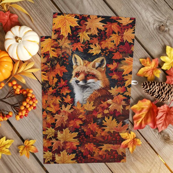 Kitchen Towel Fox Thanksgiving Maple Leaf Dish Cloths 2 Pack 18x28in,Super Absorbent Tea Hand Towels Bathroom Cleaning Cloth Farm Orange Leaf Berry Soft Dishcloth for Drying Dishes