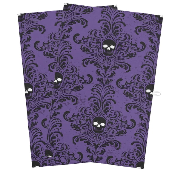 Kitchen Towel Happy Halloween Scary Skull Purple Flower Dish Cloths 2 Pack 18x28in,Super Absorbent Tea Hand Towels Bathroom Cleaning Cloth Vintage Damask Pattern Soft Dishcloth for Drying Dishes