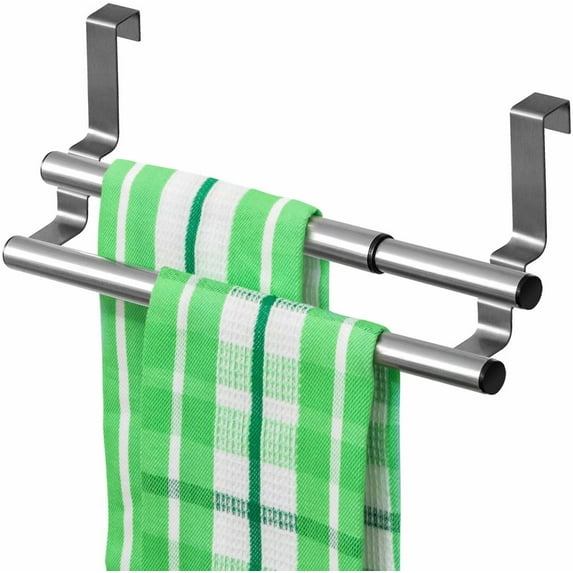 Kitchen Towel Holder Over Cabinet Towel Bar Rack, Expandable Double Over The Door Towel Rack for Universal Fit on Inside or Outside of Cupboard Doors , Stainless Steel