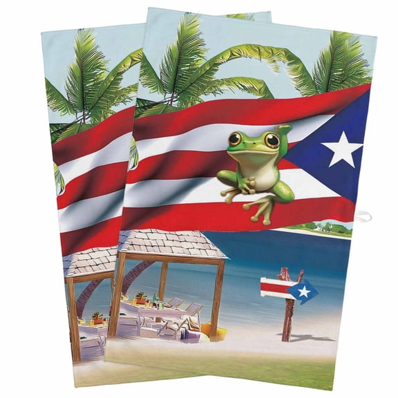 Kitchen Towel Puerto Rico Flag Frog Coconut Trees Dish Cloths 2 Pack 18x28in,Super Absorbent Tea Hand Towels Bathroom Cleaning Cloth Ocean Beach Soft Dishcloth for Drying Dishes