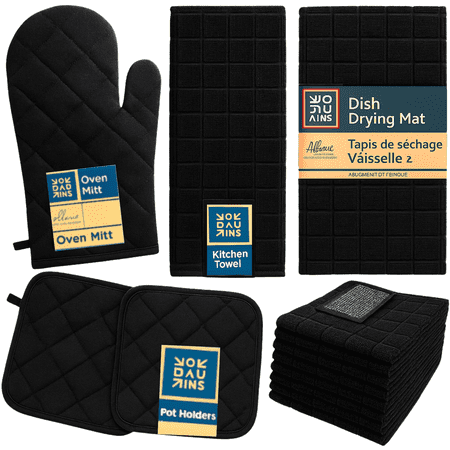 Kitchen Towel Set, 2 Pot Holders, Oven Mitt, Dish Towel, Dish Drying Mat, 2 Scrubbing Dishcloths (Black ) by Osnell USA