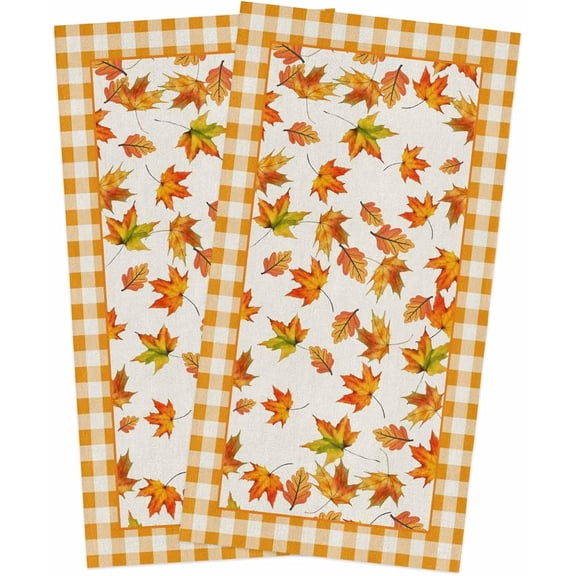 Kitchen Towel Set of 2,Thanksgiving Fall Maple Leaves Hand Towels Absorbent Microfiber Dish Cloth Orange Buffalo Checker Washable Tea Bar Dishcloth Cleaning Cloths