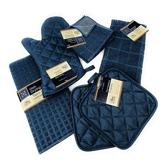 Kitchen Towel Set 7 Pieces - Quilted Pot Holders, Oven Mitt, Dish Towel, Drying Mat & Microfiber Cloths - Blue & Navy