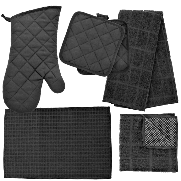 Kitchen Towel Set Black - 2 Quilted Pot Holders, Oven Mitt, Dish Towel, Dish Drying Mat, 2 Microfiber Scrubbing - Black Color