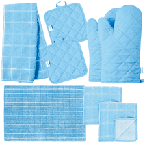 Kitchen Towel Set with 2 Quilted Pot Holders, Oven Mitt, Dish Towel, Dish Drying Mat, 2 Microfiber Scrubbing Dishcloths (Light Blue)