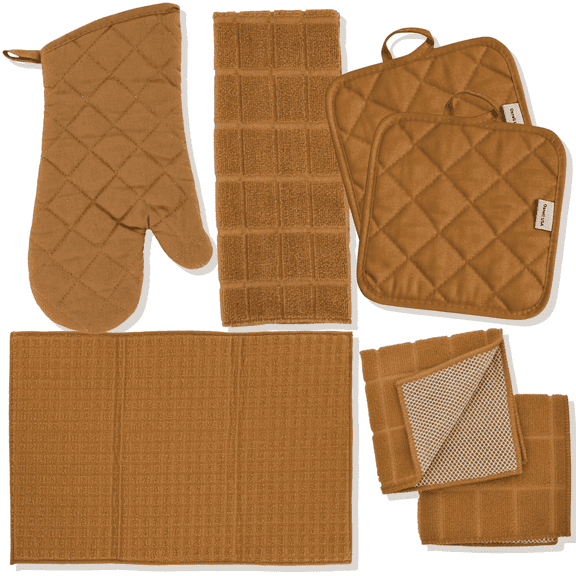 Kitchen Towel Set with 2 Quilted Pot Holders, Oven Mitt, Dish Towel, Dish Drying Mat, 2 Microfiber Scrubbing Dishcloths (Tan)