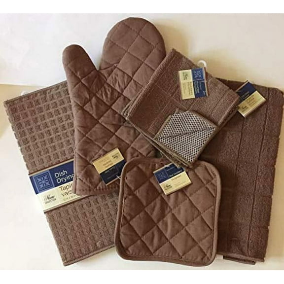 Kitchen Towel Set with 2 Quilted Pot Holders, Oven Mitt, Dish Towel, Dish Drying Mat, 2 Microfiber Scrubbing Dishcloths (Toffee)