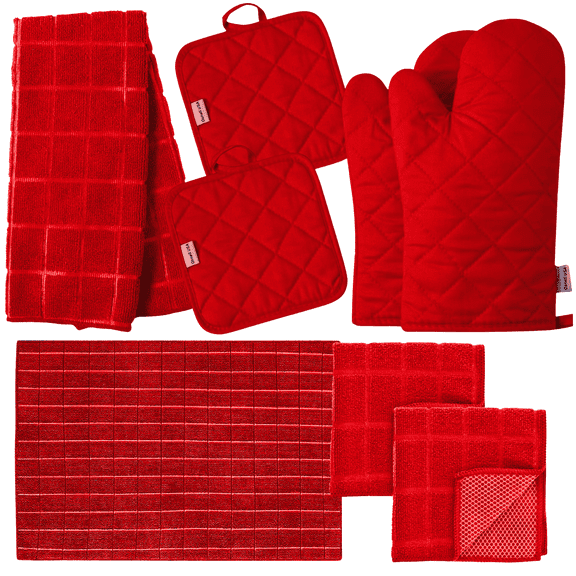 Kitchen Towels Set Red with 2 Pot Holders, Oven Mitt, Dish Towel, Drying Mat, 2 Microfiber Scrubbing Cloths by Osnell USA