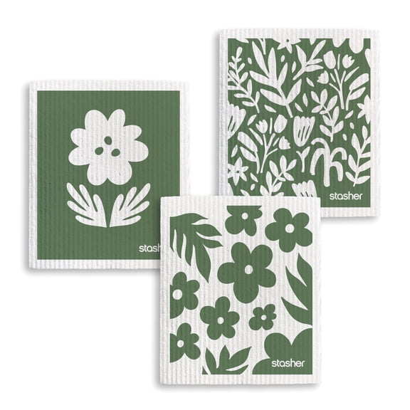 Stasher Reusable Swedish Dishcloths, 7" x 8", Washable Absorbent Biodegradable Odor Resistant, Floral Print, 3 Pack