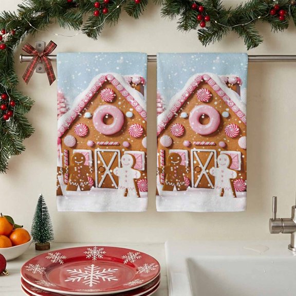 Kitchen Towels - 1 Pack Christmas Ginger-cake People Dish Towels, Donut Wooden Houses Quick Drying Dishcloth Tea Towels, Absorbent Soft Hand Towel,18x28in