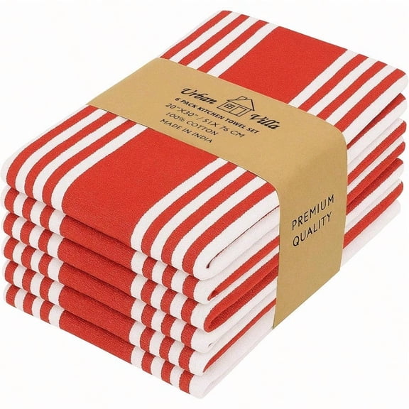Kitchen Towels 100 Cotton Pack of 6 Highly Absorbent Quick Drying er Soft Premium Dish Towels for Kitchen with Hanging Loop Hand Tea Towels 20x30 Inch Red White Striped