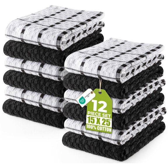 Kitchen Towels 12 Pack, 15 x 25 Inches, 100% Ring Spun Cotton Super Soft and Absorbent Linen Dish, Tea and Bar Towels Set, Black