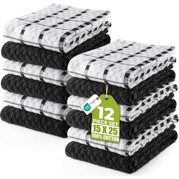 - Kitchen Towels 12 Pack, 15 x 25 Inches, Ring Spun Cotton Super Soft and Absorbent Linen Dish, Tea and Bar Towels Set, Black