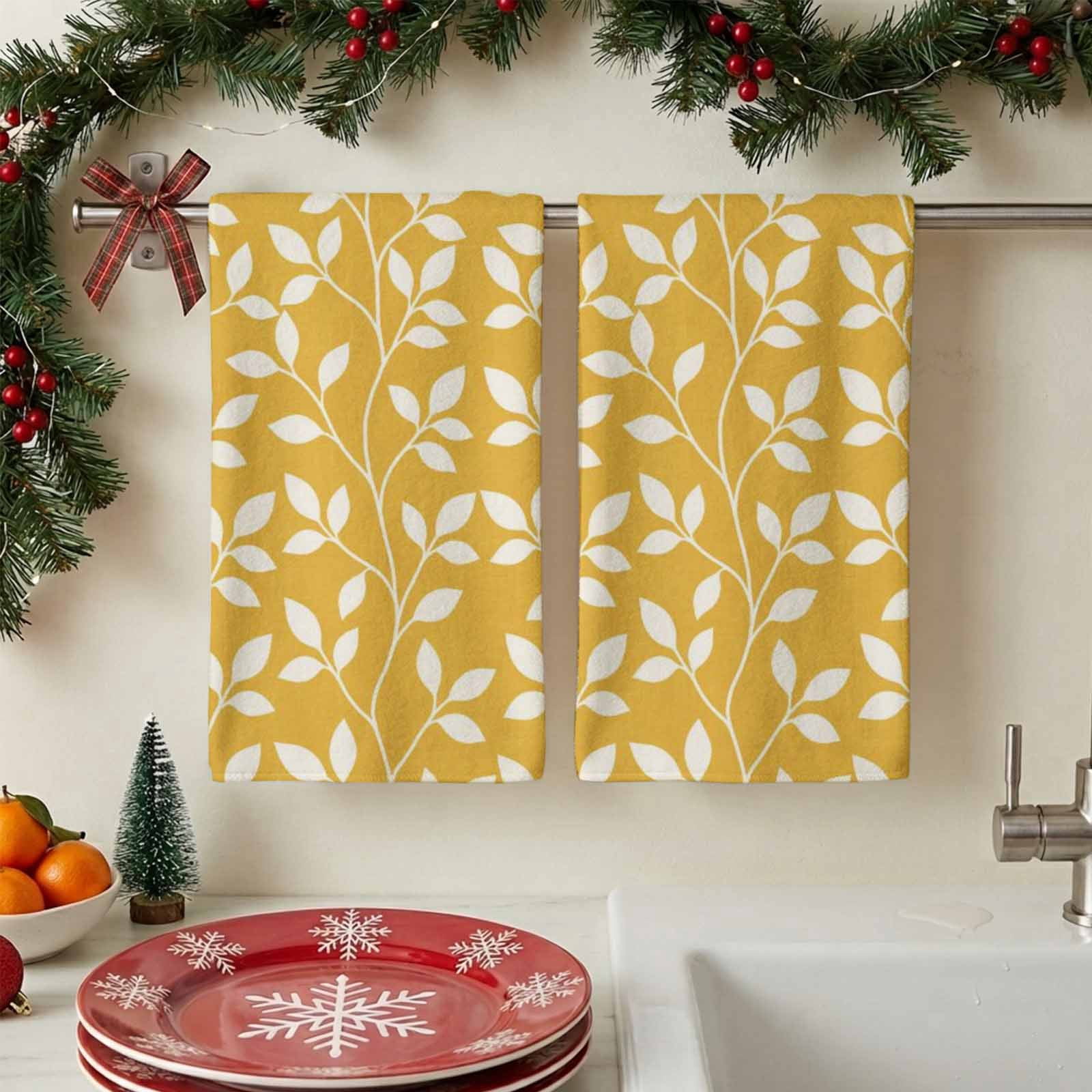 Kitchen Towels - 2 Packs Country Leaves on Yellow Dish Towels ...