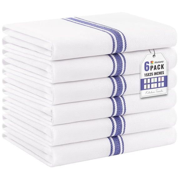 Kitchen Towels 6 Pack, 15 x 25 Inch, 100% Ring Spun Cotton Highly Absorbent Dish Towels for Kitchen Drying, Reusable Cleaning Cloths, Soft Tea Towel with Hanging Loop, Blue Stripe