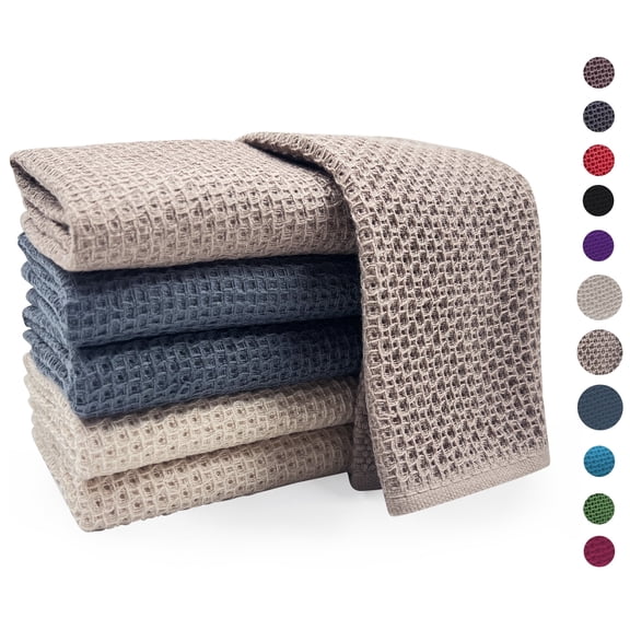 Kitchen Towels，6-Pack Dish Towels 100% Cotton Waffle Weave Ultra Soft Absorbent Quick Drying Dish Rags，Dish Cloths， Dishcloths Sets，Tea Dowels for Kitchen，Bar Towels, (Gray , Brown, Beige)