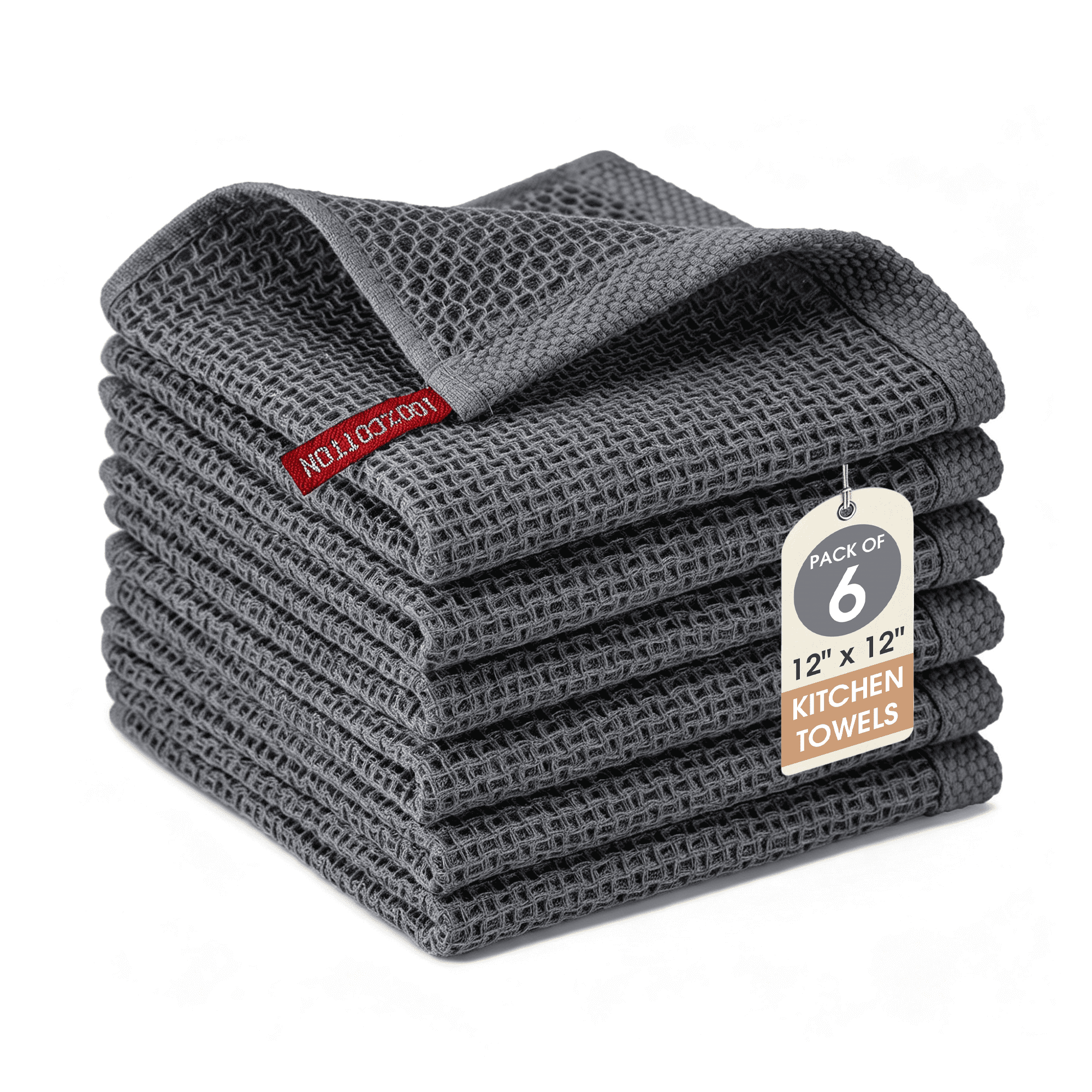 6 Pack Waffle Weave Kitchen Towels, Highly Absorbent Dish Cloths, Free Reusable Cleaning Rags with Hanging Loops, 12x12 Inch