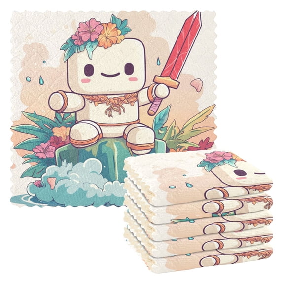 Kitchen Towels，A Cute Marshmallow Man11"×11"One Side Printed, Polyester Fleece Soft And Skin-friendly Quality Washcloths.