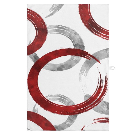 Kitchen Towels Abstract Red Gray Circle Dish Towels-1 Pack,Highly Absorbent Tea Towel with Hanging Loop,Retro Geometric Texture Soft Hand Towels for Drying and Cleaning Dishes