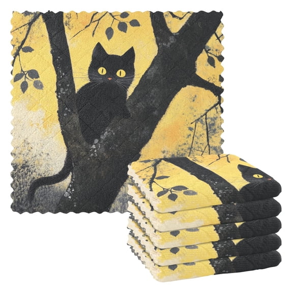 Kitchen Towels，Black Cat11"×11"One Side Printed, Polyester Fleece Soft And Skin-friendly Quality Washcloths.