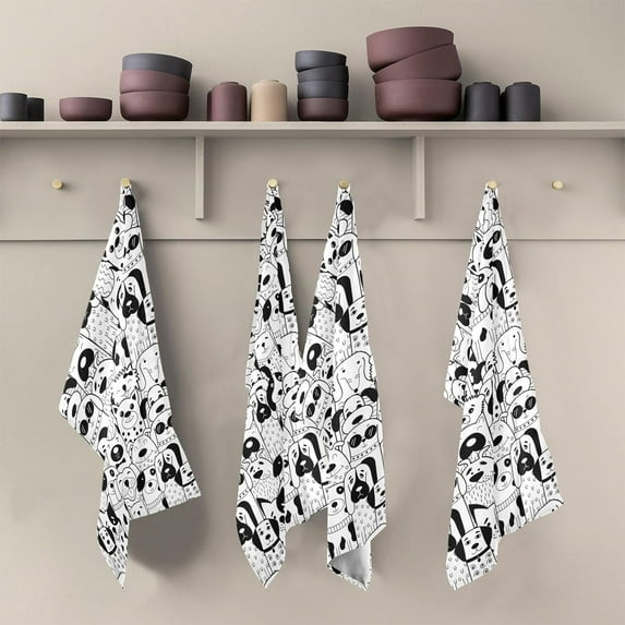 Kitchen Towels Black White Doodle Dogs Pattern Cleaning Towel Absorbent Hand Towels Tea Towels for Home Restaurant Dish Clean 28" x 18", 4PCS