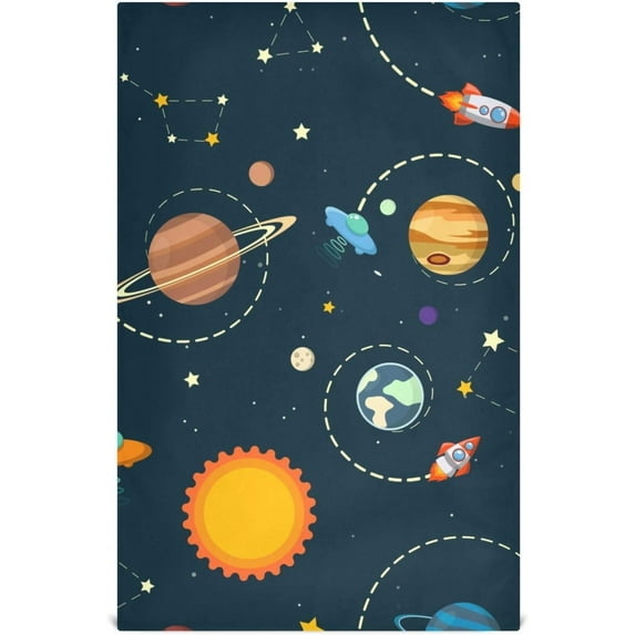 Kitchen Towels Cartoon Rockets & Planets Pattern Cleaning Towel Absorbent Hand Towels Tea Towels for Home Restaurant Dish Clean 28" x 18", 1PC