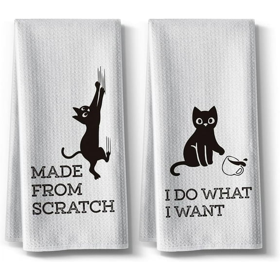 Kitchen Towels,Cat Themed Funny Dish Towels Decor,16 x 24Inch,2 Pack,Flour Sack Cute Hand Towels,High Absorbent Tea Towels,Best Gifts for Cat Lover Owners Mom Women Housewarming