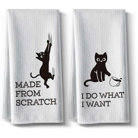 Kitchen Towels,Cat Themed Funny Dish Towels Decor,16 x 24Inch,2 Pack,Flour Sack Cute Hand Towels,High Absorbent Tea Towels,Best Gifts for Cat Lover Owners Mom Women Housewarming