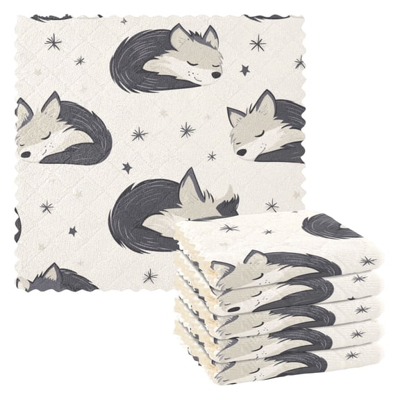 Kitchen TowelsCute Sleeping Wolf11"11"One Side Printed, Polyester Fleece Soft And Skin-friendly Quality Washcloths.