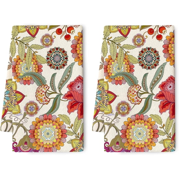 Boho Floral Kitchen Towel Decorative Set of 2 Soft Absorbent Colorful Flower Hand Tea Dish Towels for Kitchen Drying Bar Farmhouse Bathroom Home Decorations Housewarming Gifts 16"x24"