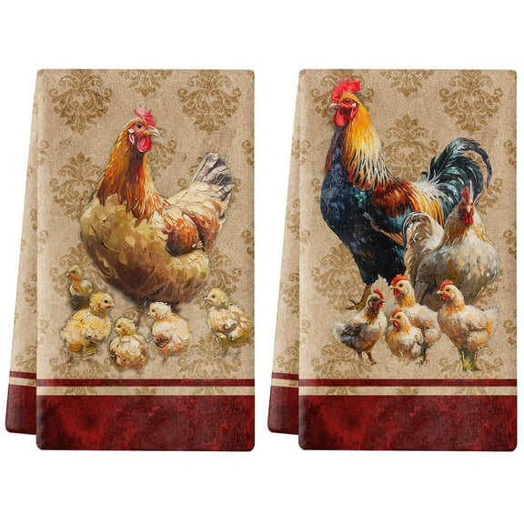 Kitchen Towels Dish Towels Set of 2 Vintage Farmhouse Rooster Hen Hanging Bathroom Hand Towels/Bar Towels/Tea Towels for Home Decor, Christmas Gifts 26x16 Inch